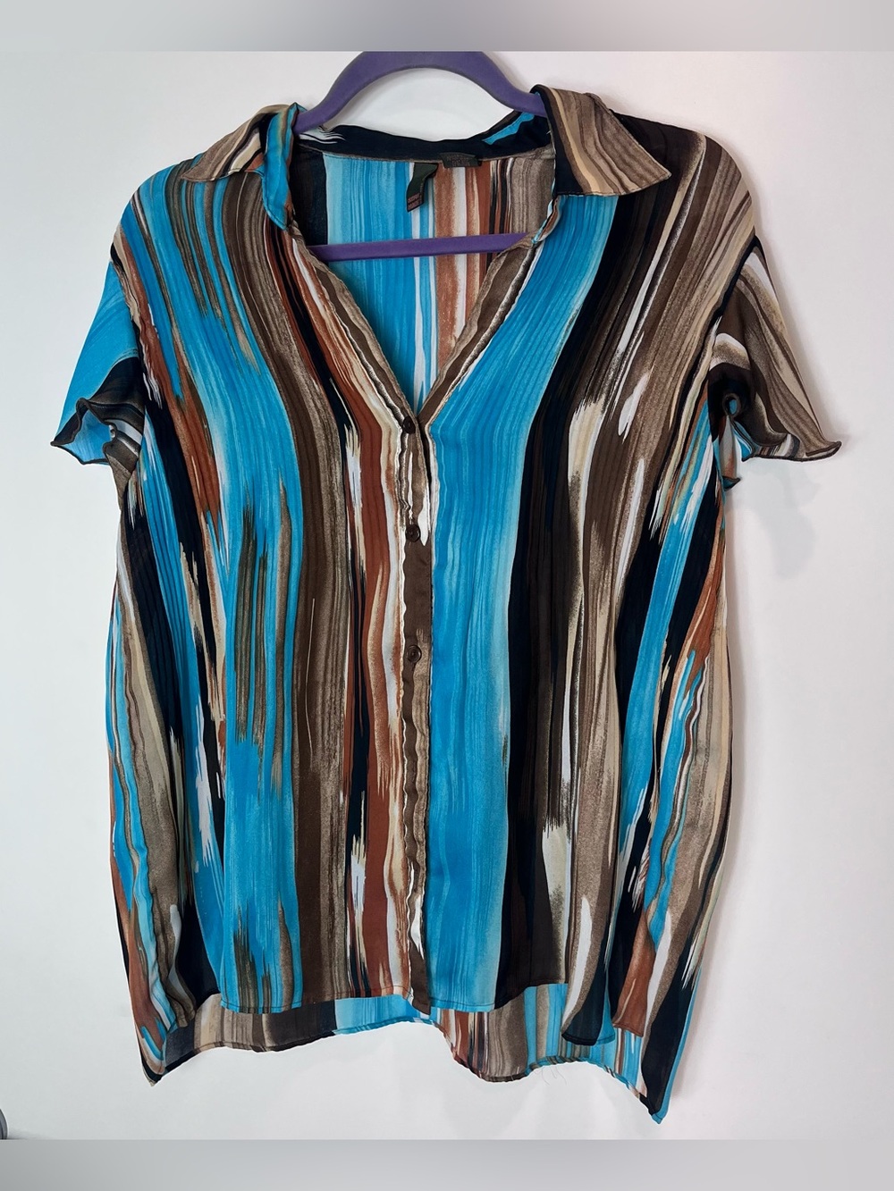 Sere Nade New York Multicolor Pleated Blue Multi-Stripe Button Flutter Sleeve 1X